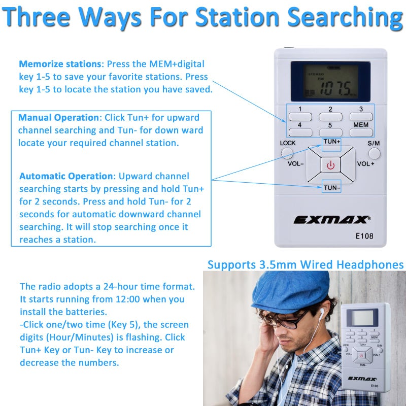 EXMAX E108 Wireless FM Radio Receiver Portable DSP Stereo Pocket Mini Receiver Digital Samll Earbuds LCD Clock for Translator Tour Guide System FM Transmitter Work - White - Image 5